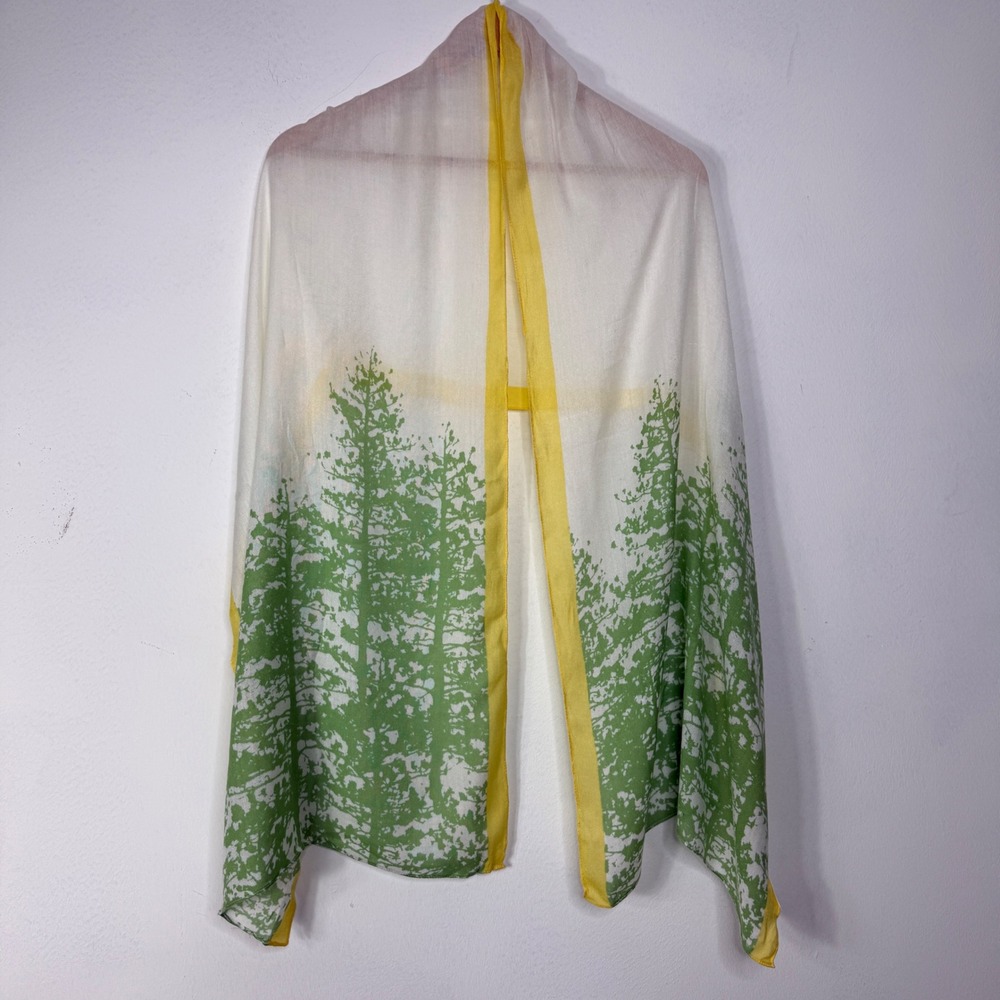 Curia Womens‎ Scarf White Green Yellow Tree Print Sheer Viscose Boho Cottagecore